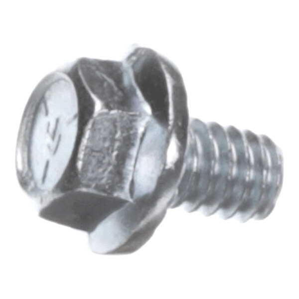 A close-up view of a metallic hex-head screw with a flanged base and threaded shaft.