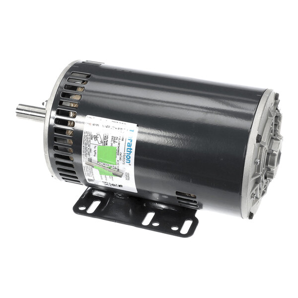 A cylindrical electric motor with a metal mounting base, visible shaft, and a label attached to the side.