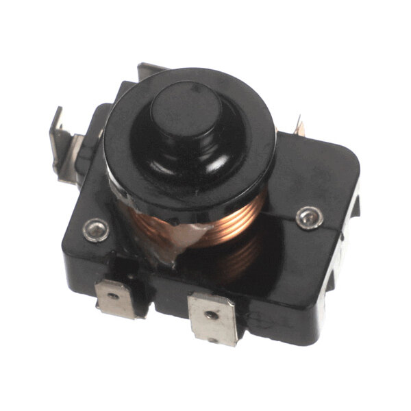 A black electrical relay with a visible copper coil and metal terminals.