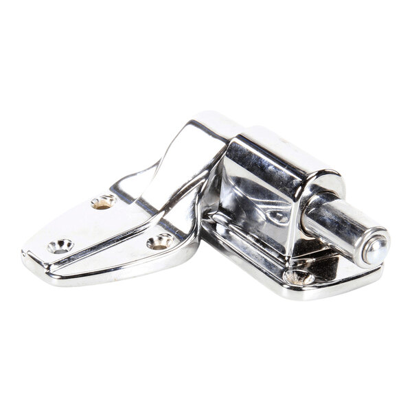 A shiny, metallic hinge with a short strap and multiple screw holes, designed for flush mounting.