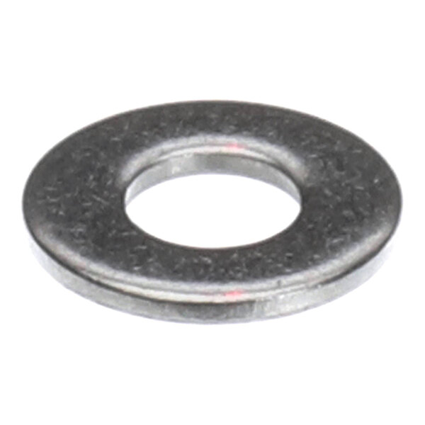 A metallic, flat, circular washer with a central hole.