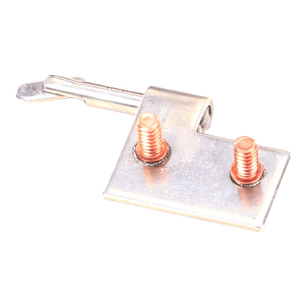 A metal hinge leaf with two copper-colored threaded posts and an attached pin, shown against a white background.