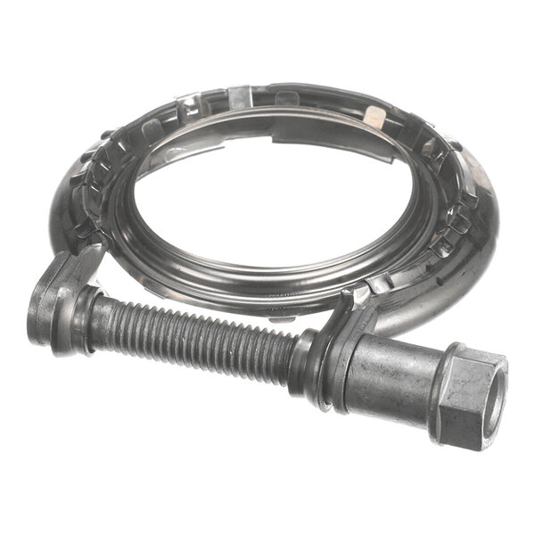 A metal V-band clamp with a threaded bolt and nut mechanism, designed for securing circular components together.