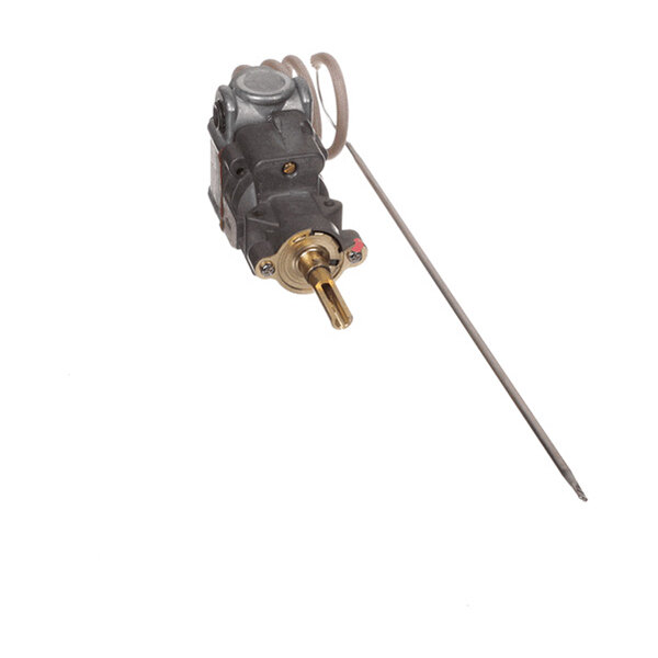 A mechanical component with a metal shaft and a long, thin probe attached, likely part of a temperature control or sensing device.