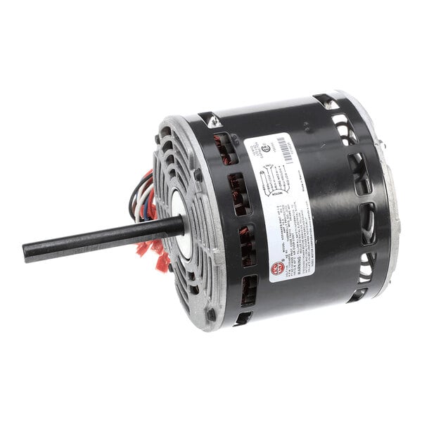 A cylindrical electric motor with a protruding shaft, ventilation slots, and attached wires.