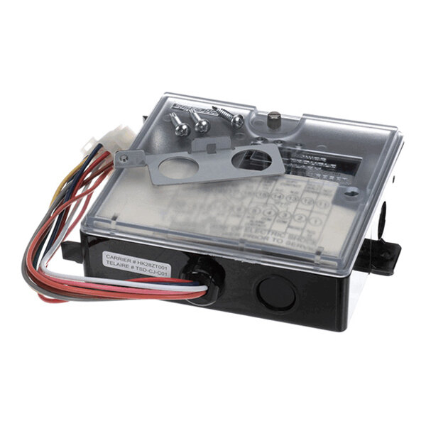 A rectangular electronic control box with a transparent cover, multiple colored wires, and a metal mounting bracket.
