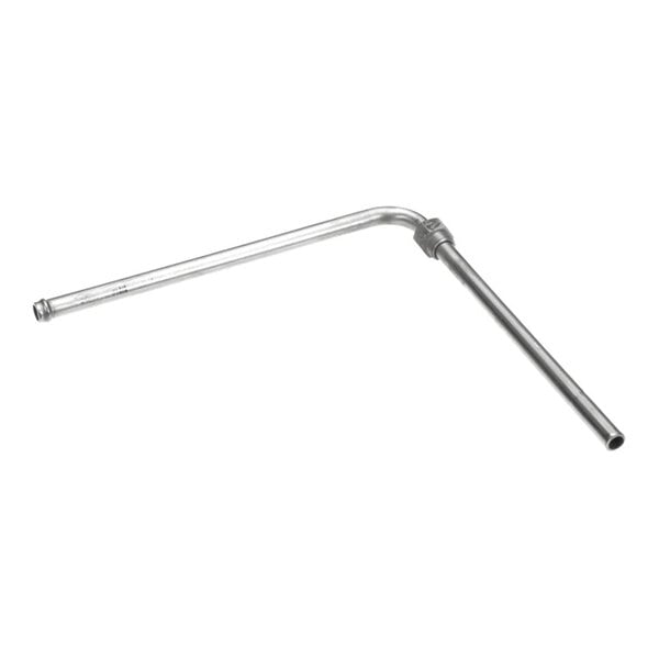 A metal pipe with a 90-degree bend and threaded connector in the middle, photographed on a white background.