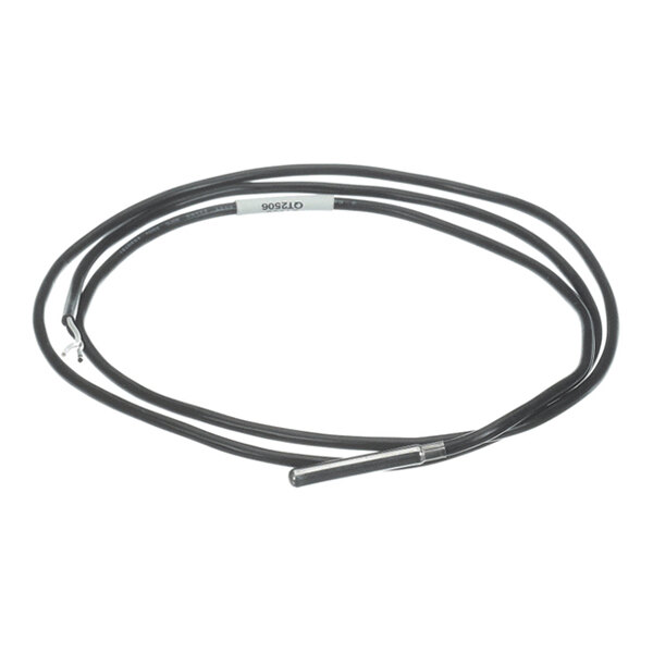 A black cable with a metallic cylindrical sensor at one end and exposed wire tips at the other.