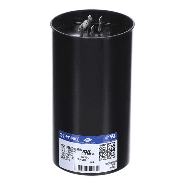 A cylindrical black capacitor with electrical terminals on top and a blue and white label on the side.