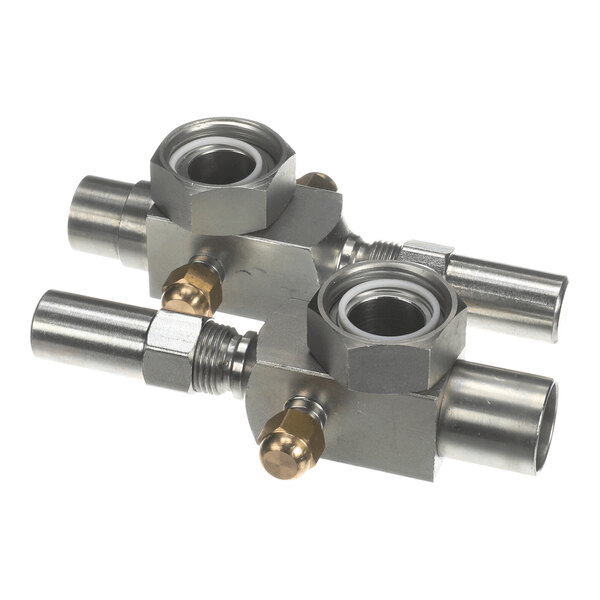 Two metallic valve assemblies with hexagonal fittings, cylindrical connectors, and brass adjustment screws are shown against a white background.