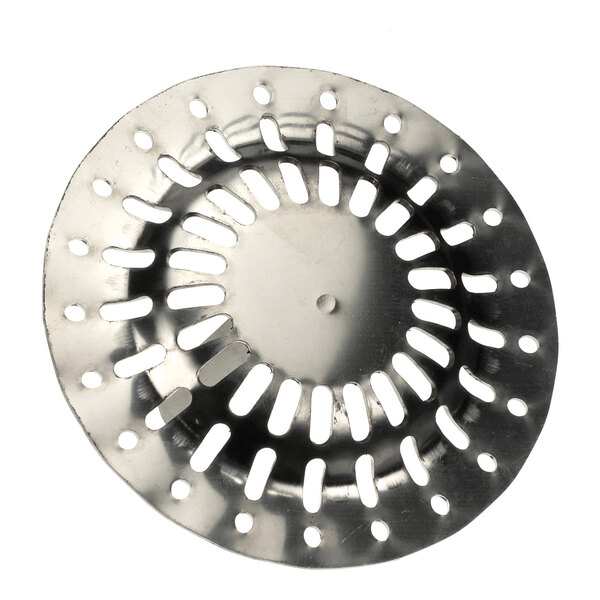 A round, metallic drain cover with multiple elongated and circular holes arranged in concentric patterns.