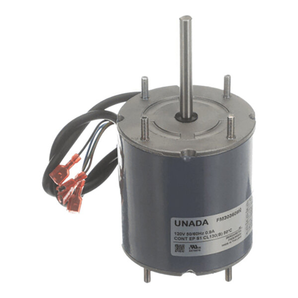 A cylindrical electric motor with a central shaft, four mounting posts, attached wires, and a label on the side.
