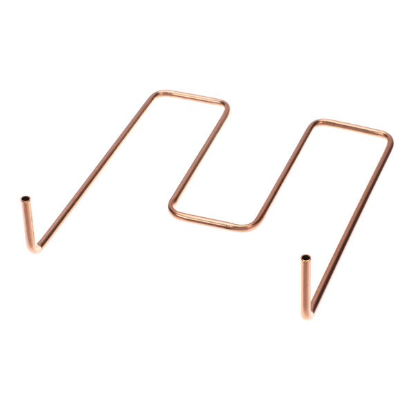 A bent copper tube with an angular, zigzag shape and open ends, photographed on a white background.