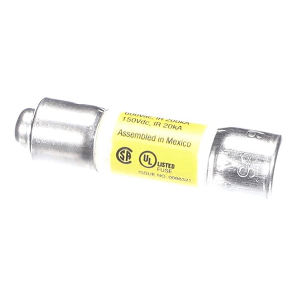 A cylindrical fuse with metal end caps and a yellow label displaying certification marks and electrical ratings.