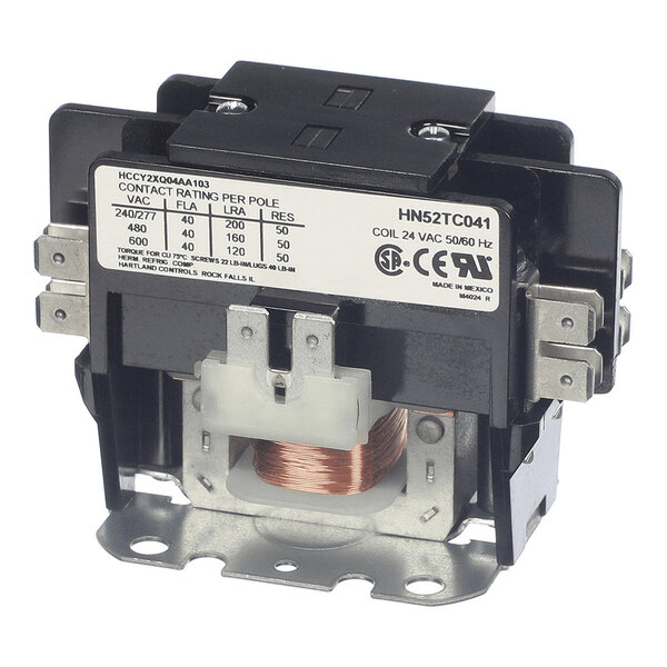 A close-up view of an electrical contactor with a visible coil and labeled specifications on the front.