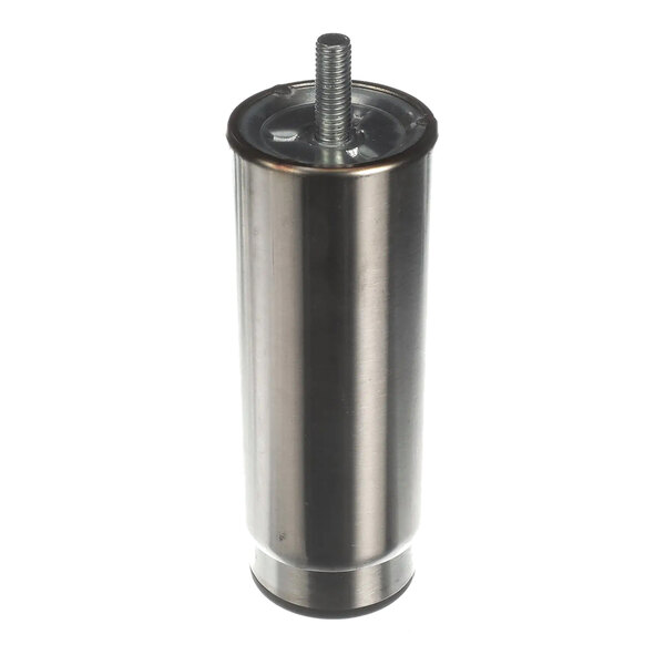 A cylindrical metal furniture or appliance leg with a threaded pin at the top and a flat base.