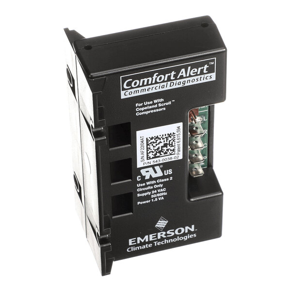 A black electronic diagnostic module labeled 'Comfort Alert Commercial Diagnostics' with visible terminal connections and branding from Emerson Climate Technologies.