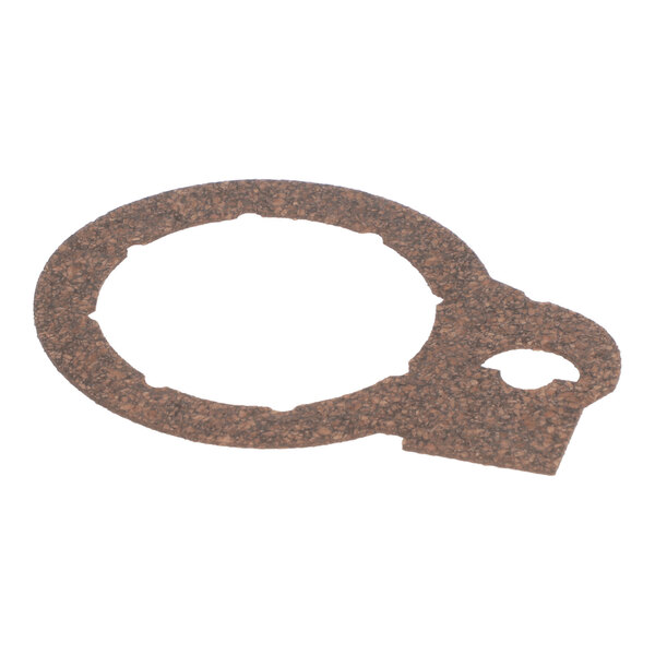 A thin, flat, circular gasket with a textured brown surface and an additional tab featuring a smaller cutout.