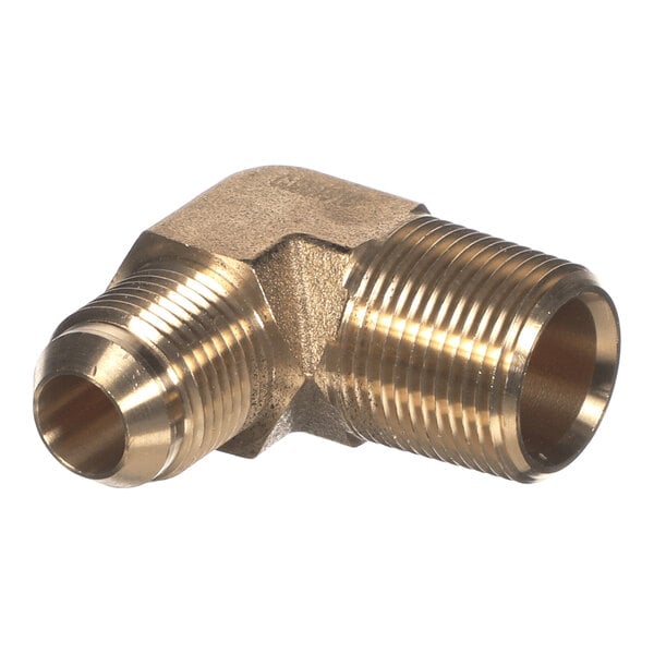 A brass elbow pipe fitting with two male threaded ends, one larger than the other, forming a 90-degree angle.