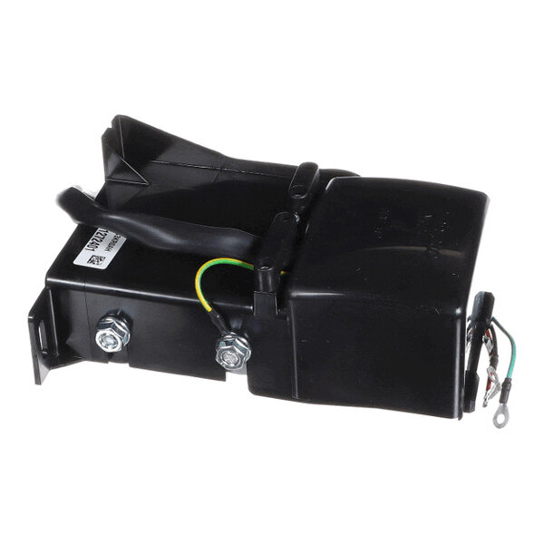 A black plastic electrical component with attached wires and metal bolts, likely part of a refrigeration system.