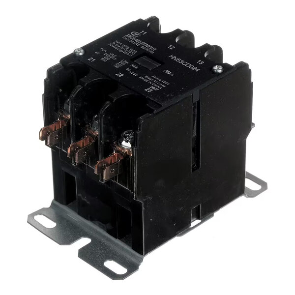 A black electrical contactor with three copper terminals and a metal mounting base.