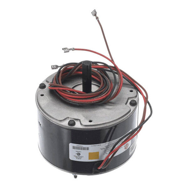 A cylindrical electric motor with a central shaft, four mounting bolts on top, and several red and black wires extending from it.