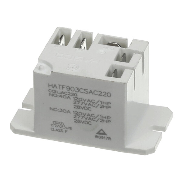 A white electrical relay with three metal terminals and printed technical specifications on its side.