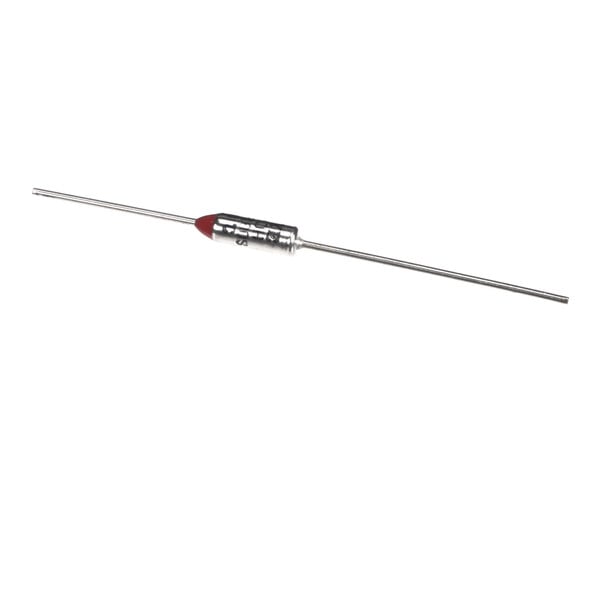 A cylindrical metallic component with two long straight wire leads extending from each end, featuring a red tip on one side.