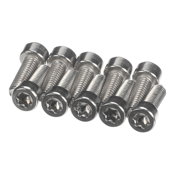 Six metallic pan head screws with Torx T20 drive and threaded shafts are arranged in a row.