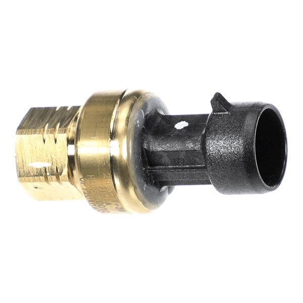 A small cylindrical component with a brass-colored metal base and a black plastic connector, likely an electronic sensor or transducer.