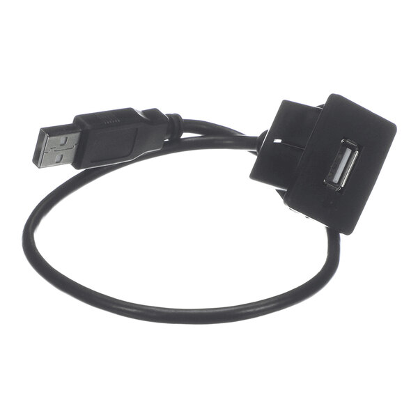 A black USB cable with a standard USB-A male connector on one end and a USB-A female port mounted in a rectangular black panel on the other end.