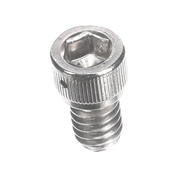 A metallic screw with a hexagonal socket head and a threaded body, featuring a small side hole near the head.