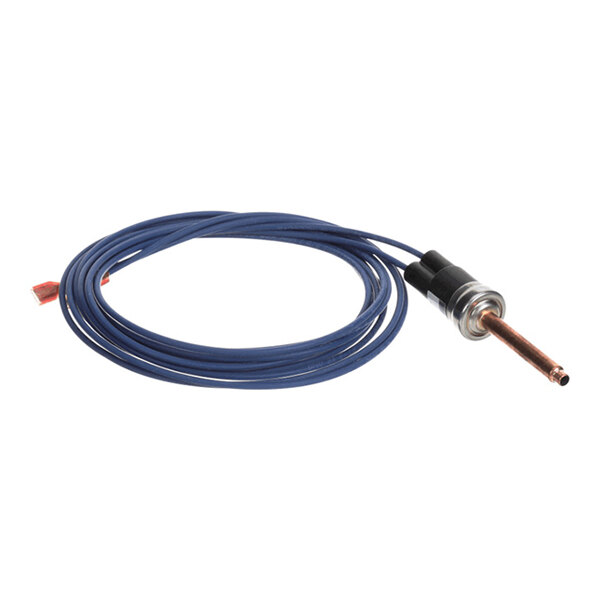 A coiled blue wire attached to a cylindrical metal and plastic component with a copper tube extending from one end.