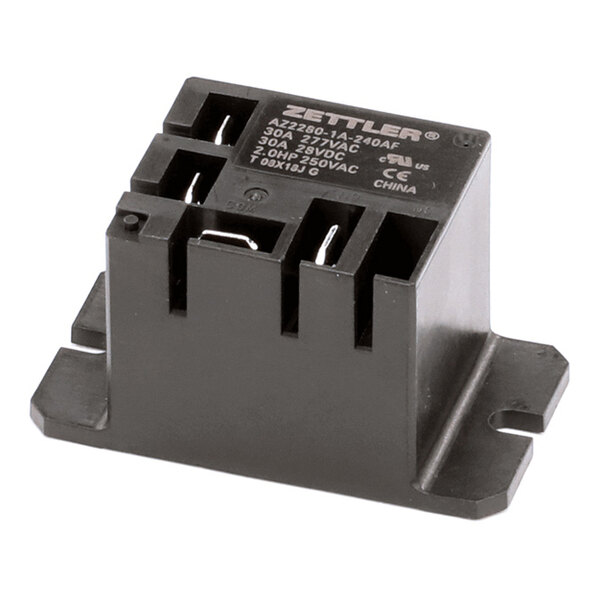 A black rectangular electrical relay with multiple metal terminals and white printed specifications on the top surface.