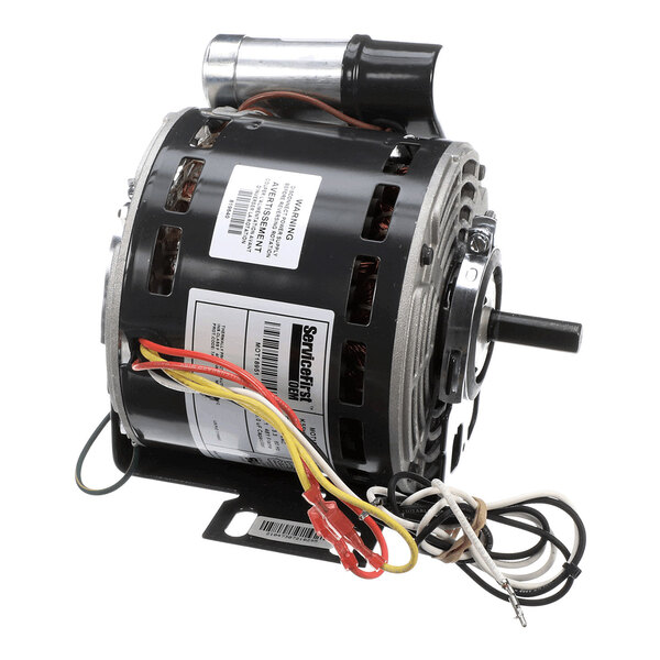 A cylindrical electric motor with a black housing, visible wiring, and a metal mounting bracket.