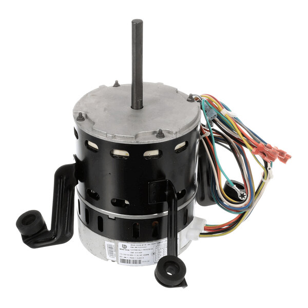 A cylindrical electric motor with a central shaft, multiple colored wires, and two black mounting brackets attached to its sides.