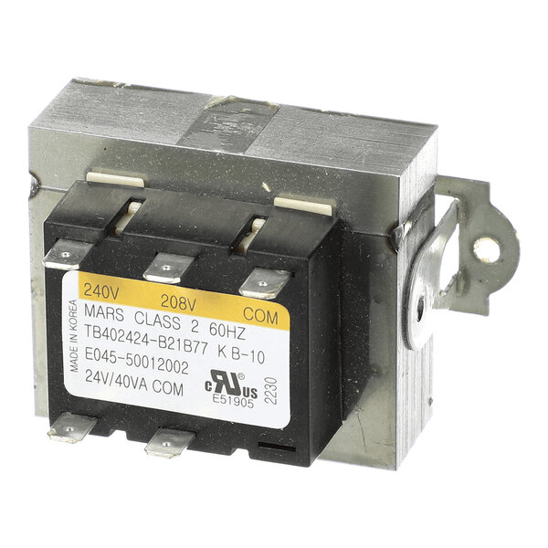 A metal and plastic electrical transformer with labeled terminals and a mounting bracket.