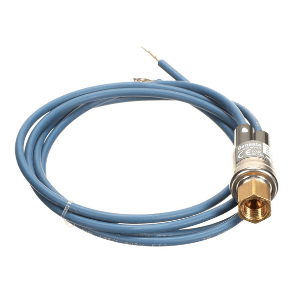 A metallic sensor component with a hexagonal brass fitting and attached blue electrical wires.