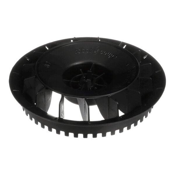 A black, circular plastic fan component with angled blades and a central hub.