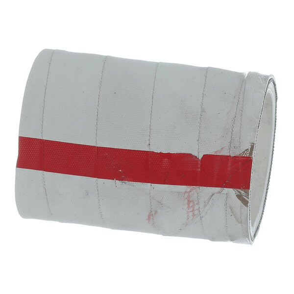 A rolled-up white hose with a red stripe running along its length.