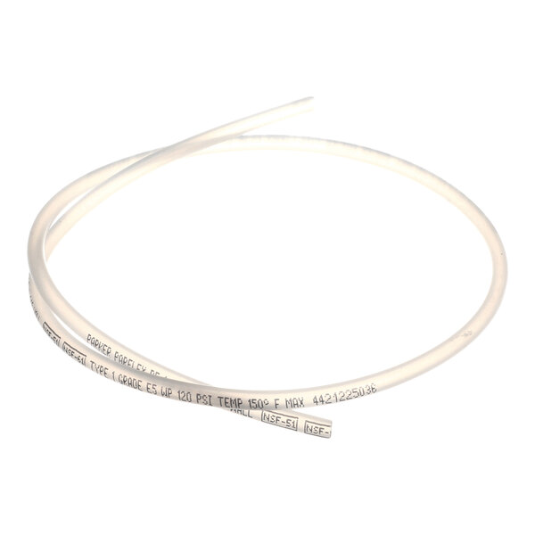 A coiled length of clear, flexible tubing with printed text along its surface.