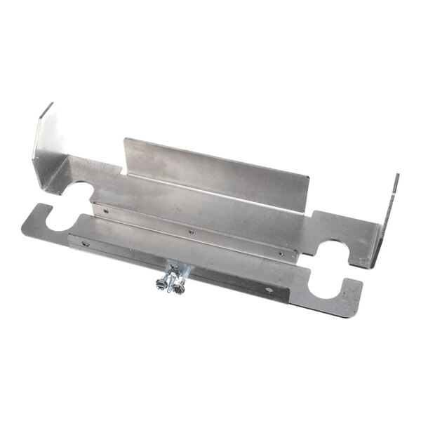A metal bracket with angled sides, cut-out slots, and a central bolt, likely used for alignment or mounting purposes.