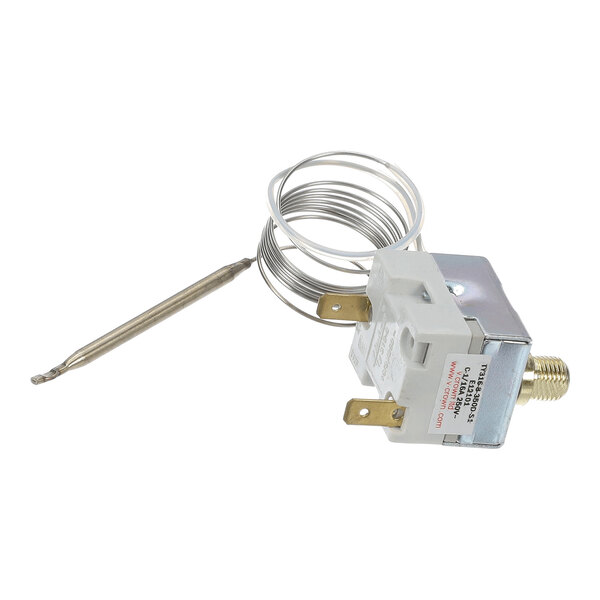 A metal thermostat component with a coiled sensor tube and electrical terminals.