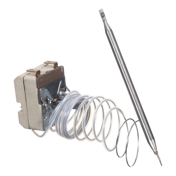 A metal thermostat component with a coiled wire and a long probe attached.