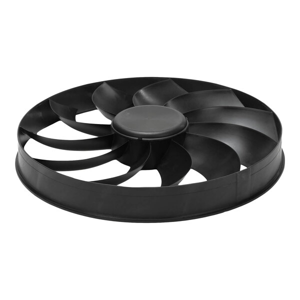 A black circular fan blade assembly with multiple curved blades and a central hub.