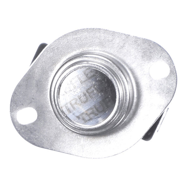 A metallic component with a circular center and two mounting holes on either side, likely a limit switch or thermal sensor.