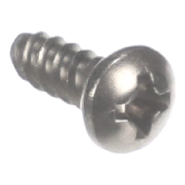 A close-up view of a metallic Phillips pan head screw with a threaded body.