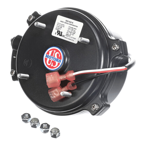 A black cylindrical motor with a US Motors logo, attached wires with red connectors, and four metal nuts placed nearby.