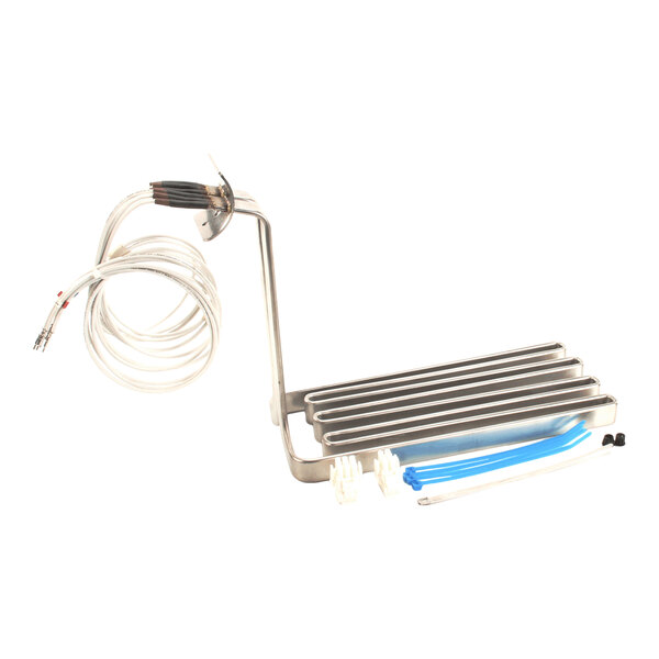 A metal heating element with a coiled wire and attached cables, along with a few plastic tubes and connectors.