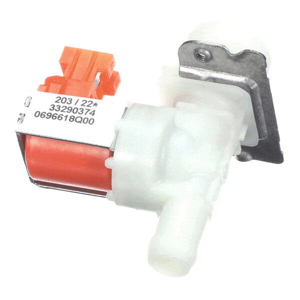 A small solenoid valve with a white plastic body, orange coil, metal bracket, and an orange electrical connector.